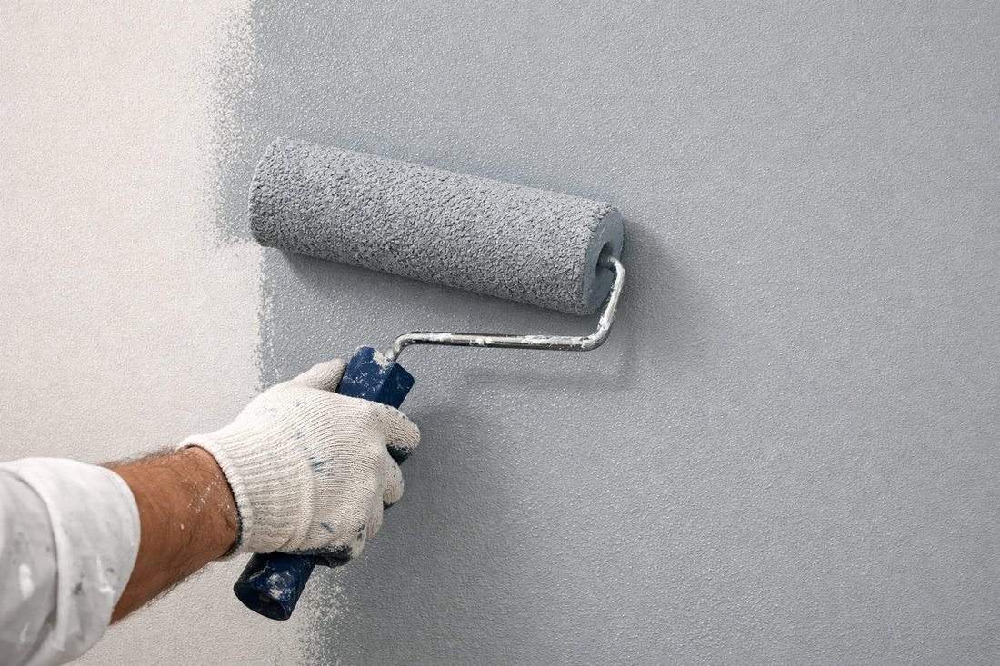 Detalle de rodillo profesional aplicando pintura en pared