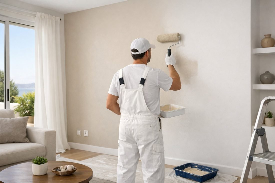 Pintor profesional aplicando pintura con rodillo en salón de vivienda en Cambrils