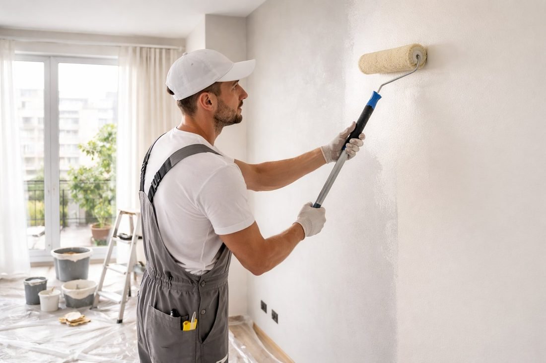 Pintor profesional aplicando pintura interior con rodillo en piso de Cambrils