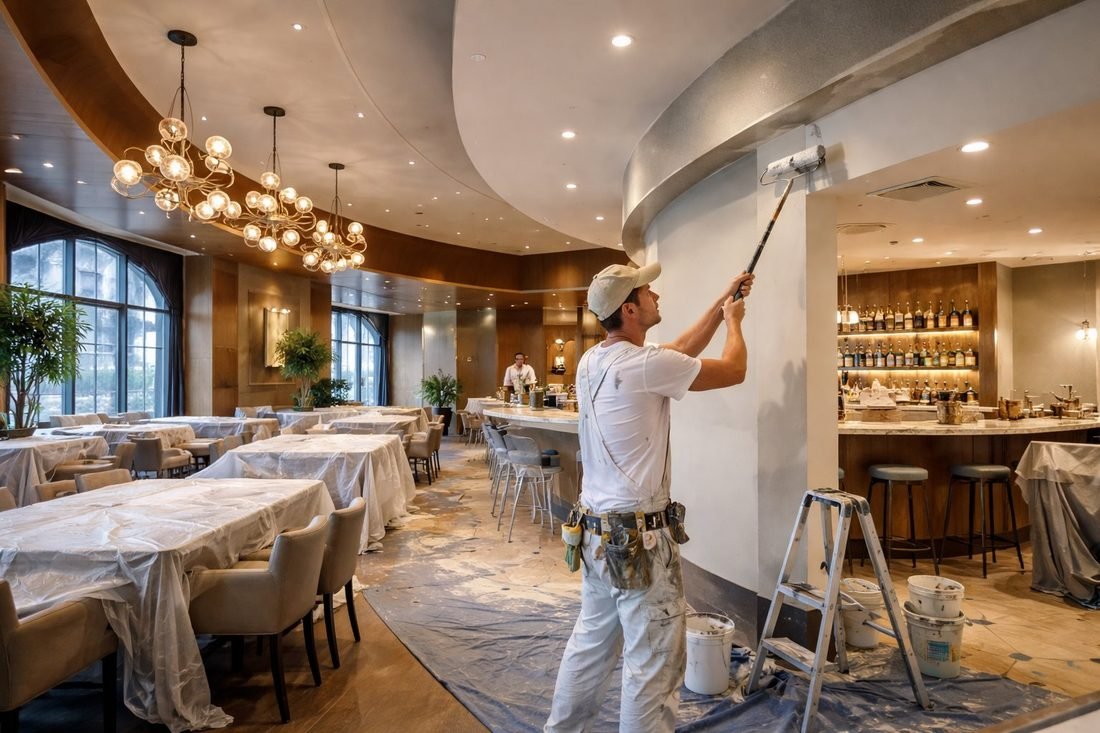 Pintor aplicando pintura profesional en local comercial de Cambrils