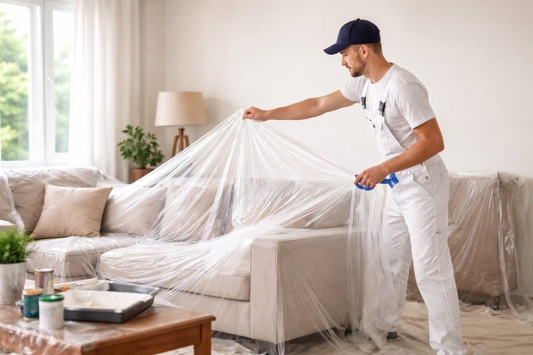 Preparación y protección del espacio antes de pintar en vivienda de Cambrils